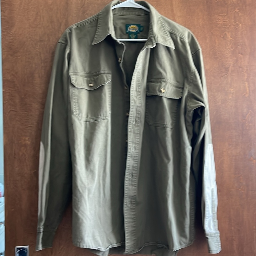 CABELAS Outdoor Gear Long Sleeve Shirt army green and white 100% Cotton sz XL